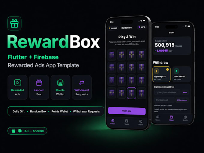 provide mini games rewards app template with firebase
