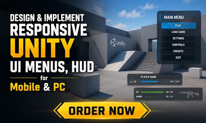 design and implement responsive unity game UI menus, hud for mobile and PC