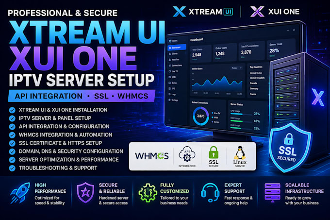 setup xtream ui, xui one, iptv server, server setup, api integration, ssl, whmcs