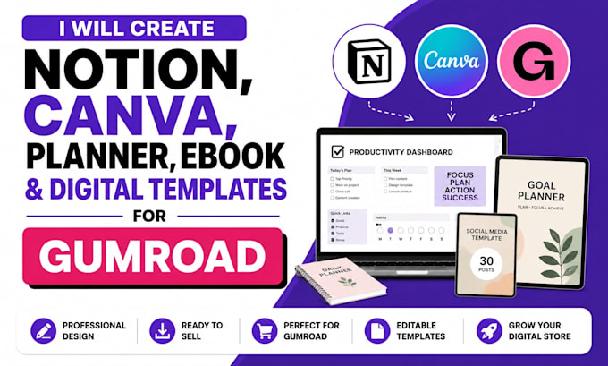 create notion, canva, planner, ebook and digital templates for gumroad