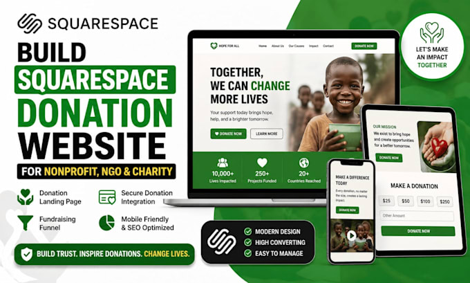 build squarespace donation website for nonprofit ngo and charity