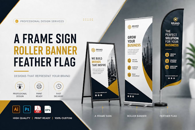 roller banner, feather flag and a frame sign