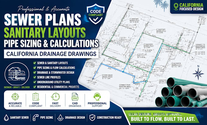 sewer plans sanitary layouts pipe sizing calculation california drainage drawing