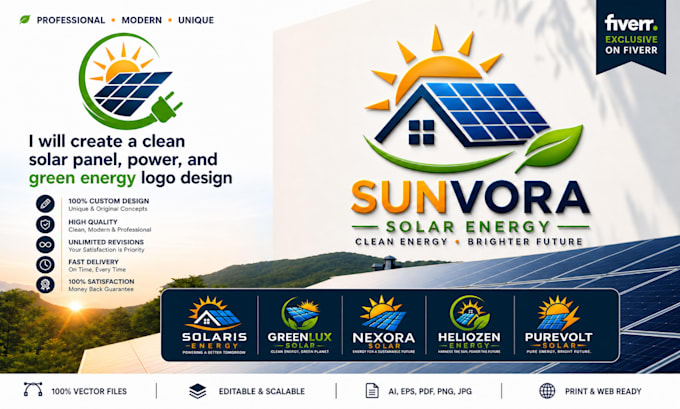 create clean solar panel power and green energy logo design