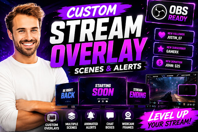 design custom obs stream overlays, scenes, alerts and graphics