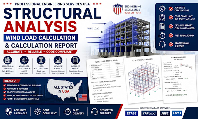 do structural analysis wind load calculation and calculation report in usa