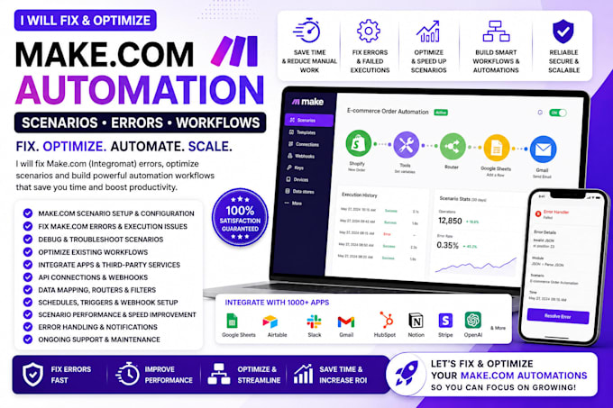 fix make com automation, scenarios, errors and workflows
