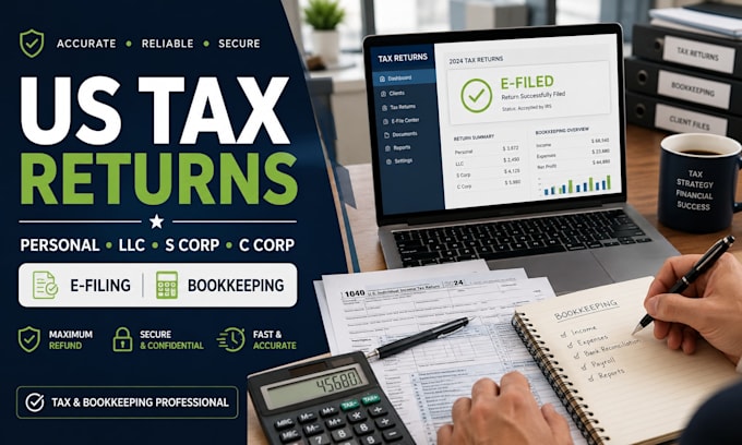 register and e file us tax returns personal, llc, s corp, c corp, bookkeeping