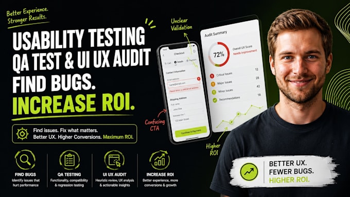 do usability testing qa test for app, website ui ux audit bugs for increased ROI