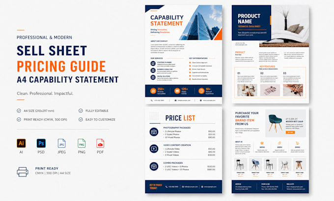 design sell sheet, pricing guide, or a4 capability statement