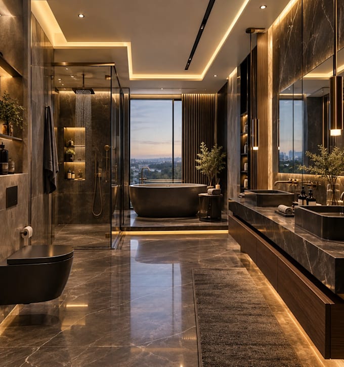 design a modern luxury bathroom interior in 3d