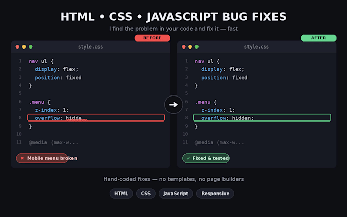 fix HTML CSS and javascript bugs on your website