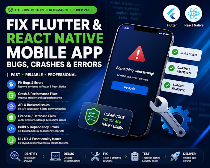 fix flutter and react native mobile app bugs, crashes and errors