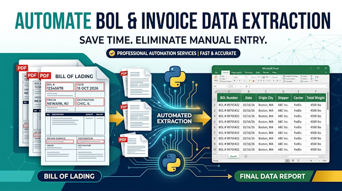 write a python script to extract data from PDF, bol, and invoices to excel