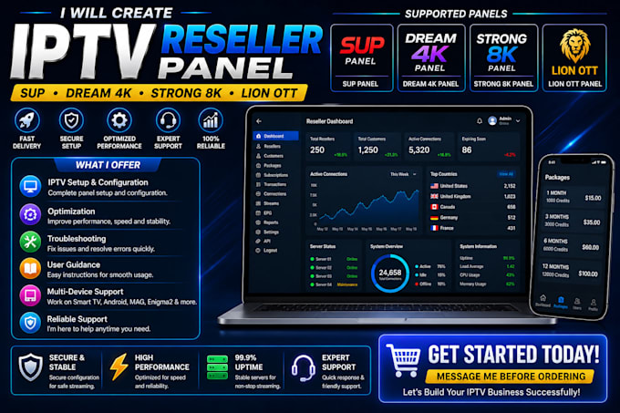create reseller panel, sup, dream 4k panel, strong 8k panel, lion ott