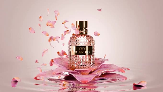 create realistic 3d perfume bottle render, cgi perfume animation, 3d perfum