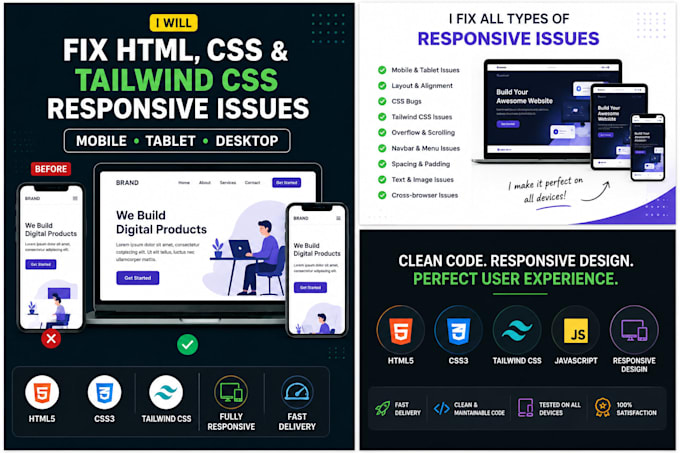fix HTML, CSS, js, and tailwind CSS responsive issues