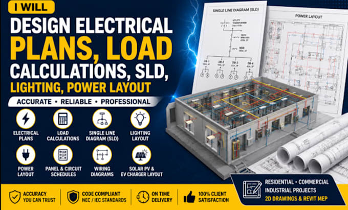 design electrical plans, load calculations, sld, lighting, power layout