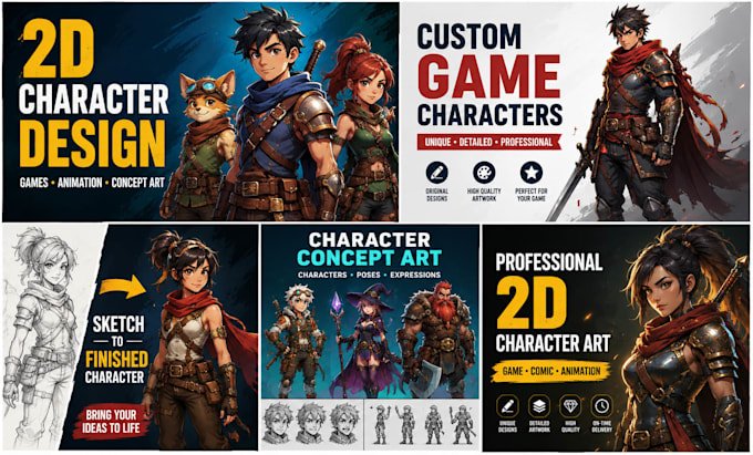 create detailed 2d character design, game characters and concept art
