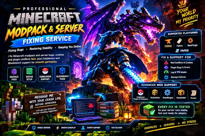 modpacks crash fix, minecraft server, cobblemon, blockbench, mythicmobs plugin