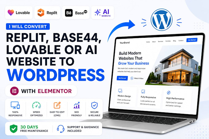 convert replit, base44, lovable or ai website to wordpress