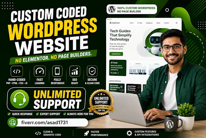 build a custom coded wordpress website, no elementor