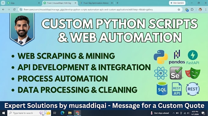 develop custom python scripts, web scraping, and api automation