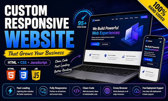 create a responsive custom HTML CSS javascript website