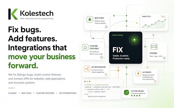fix django bugs add custom features and integrate apis