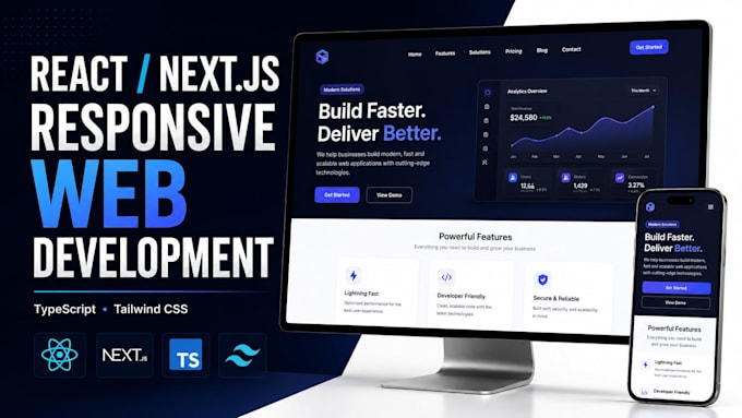 develop a responsive react or nextjs website with typescript