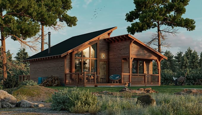 build tiny cabin house,rustic interior cgi, kitchen cabinet,timber visualization