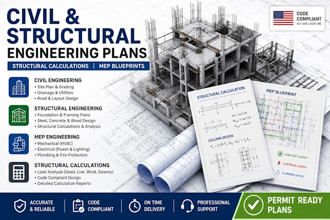 civil and structural engineering plans, mep blueprint structural calculations