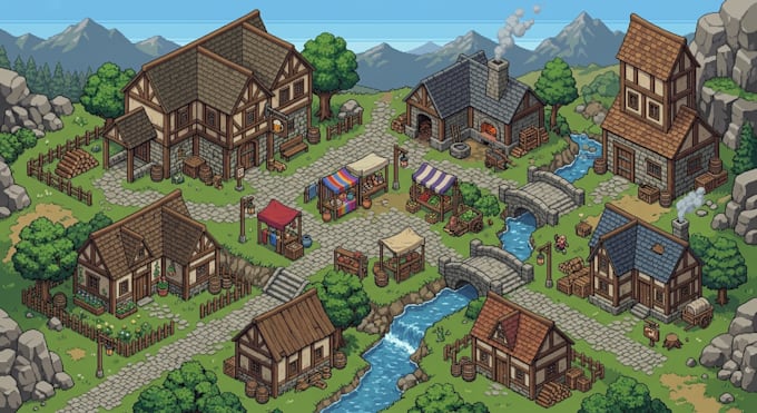 create pixel art isometric tileset, rpg tilemap, game background and assets