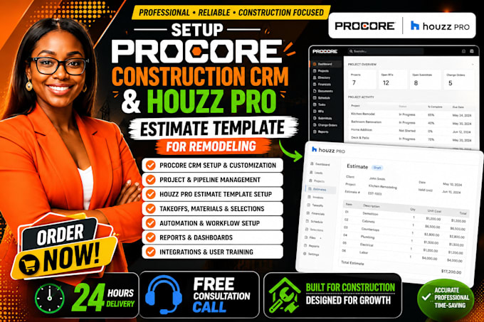 setup procore construction CRM and houzz pro estimate template for remodeling