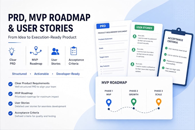 create your product prd, mvp roadmap and user stories