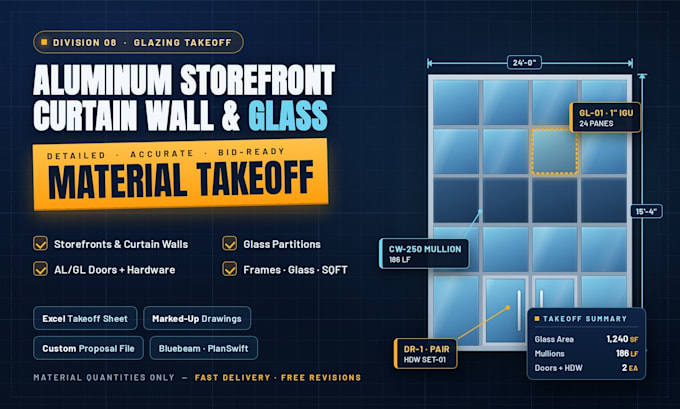 do aluminium storefront curtain wall frame and glass takeoff
