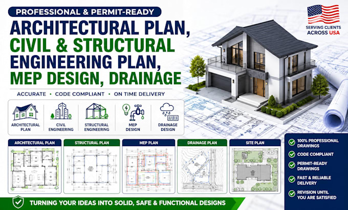 architectural plan, civil and structural engineering plan, mep design drainage