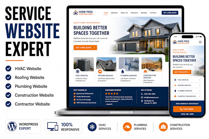 design hvac roofing plumbing construction and contractor website on wordpress