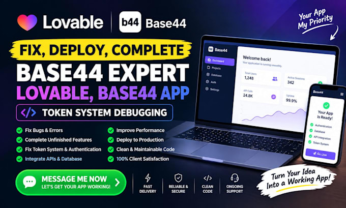 fix, deploy, complete base44 expert lovable, base44 app token system debugging