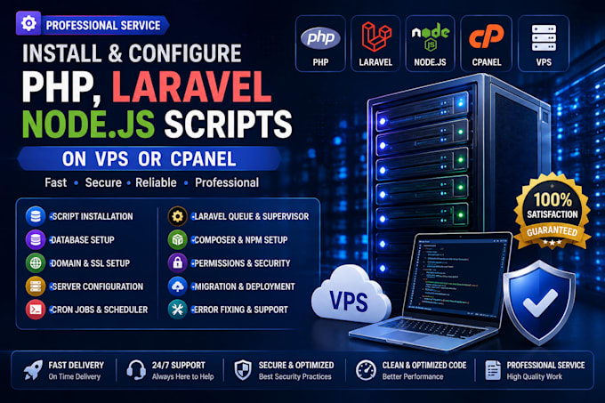 install PHP laravel or node js scripts on vps or cpanel