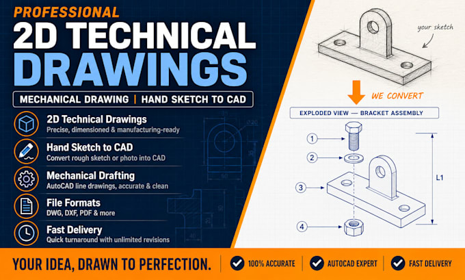 do technical line drawing, 2d mechanical drawings or hand sketch using autocad