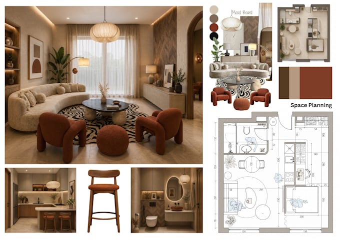 do space planning, furniture layout and moodboards