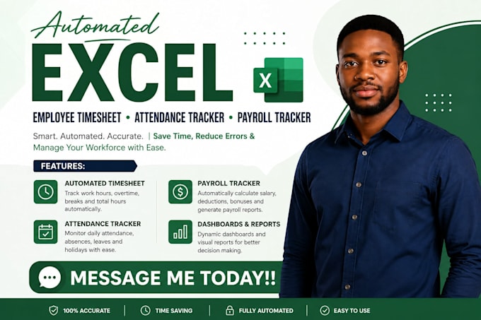 create automated excel employee timesheet, attendance tracker, payroll tracker
