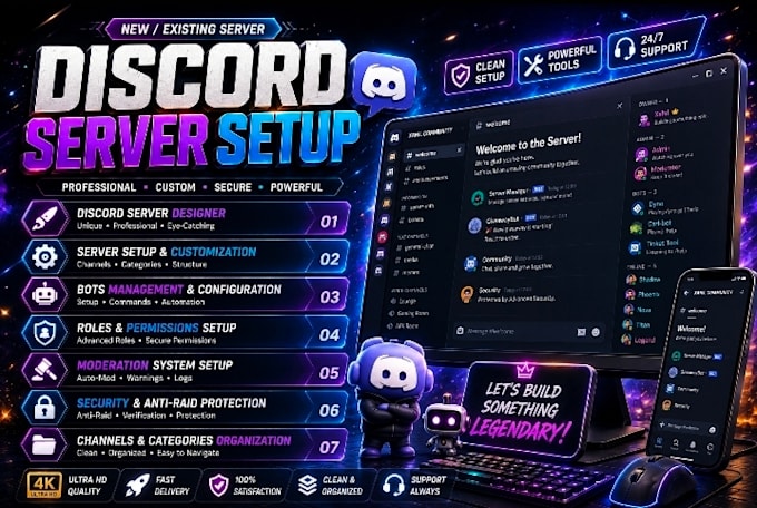 design and setup a professional discord server with bots and roles