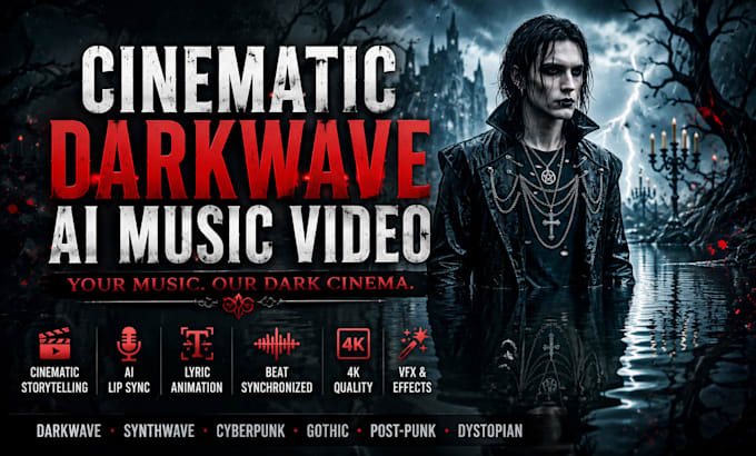 create cinematic darkwave, retrowave, glitch music video, dystopian visuals