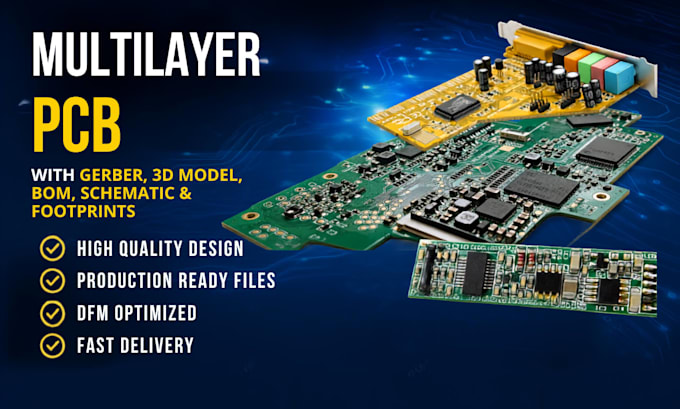 design multilayer pcb with gerber, 3d model, bom, schematic and footprints