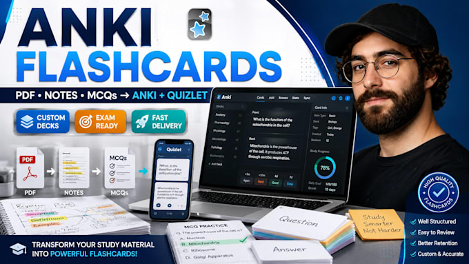 create custom anki flashcards and quizlet from PDF, notes, lectures and mcqs