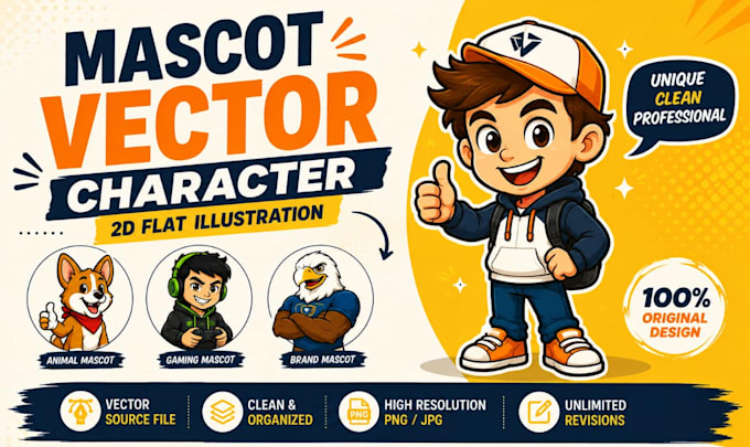 2d flat illustration and cute brand mascot vector character