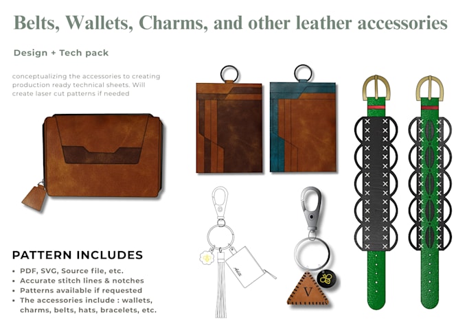 create leather belt, wallet, bracelet, and charm designs