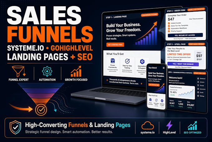 develop systeme io sales funnels, go high level, landing page in systeme io seo